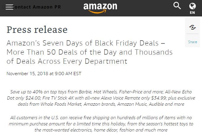 (Amazon 於節慶期間,提供美國消費者無消費金額下限的免費送貨服務。/圖:取自 Amazon Press center) (Amazon 於節慶期間,提供美國消費者無消費金額下限的免費送貨服務。/圖:取自 Amazon Press center)