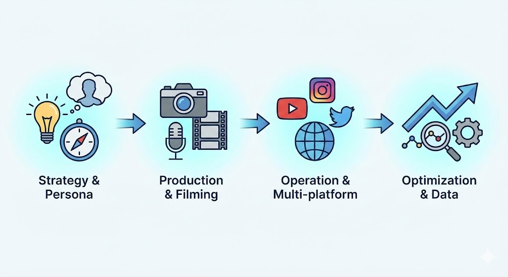 短影音代操絕非單純拍攝,而是提供專業的一條龍整合服務,包含以下四大標準流程